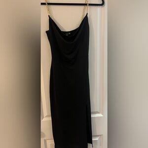 Windsor Midi black dress with slit and gold chain straps
